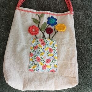 Handmade flowers crochet, cotton fabric bag